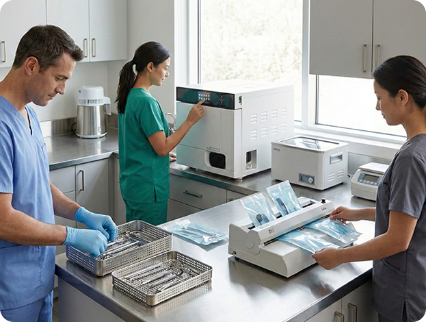 Healthcare team working with sterilization equipment